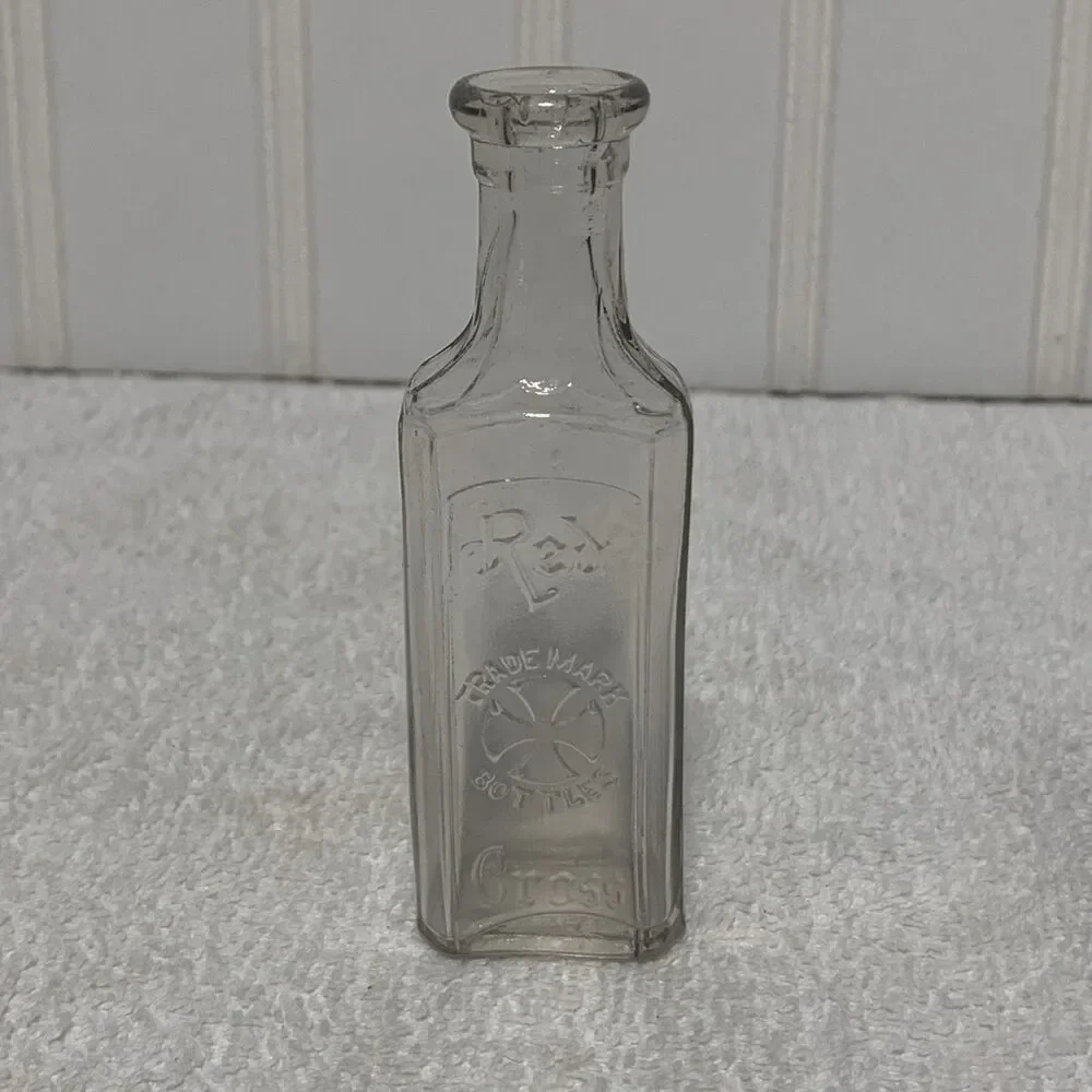 Vintage 4” Red Cross Clear Glass Bottle, Trademark Bottles